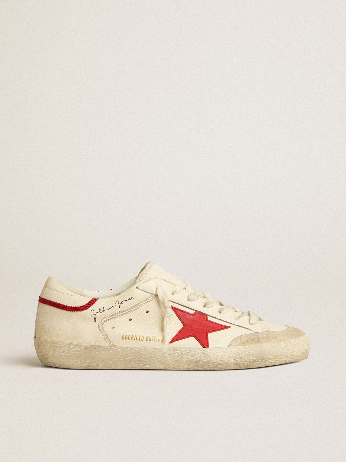 Men s Super Star LTD in nappa with red leather star and pearl suede toe Golden Goose