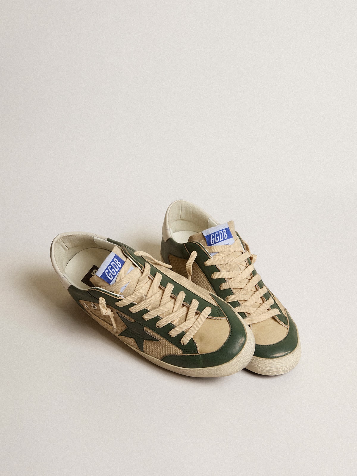 Golden Goose - Men's Super-Star LTD in cream mesh and green nappa with nappa star in 