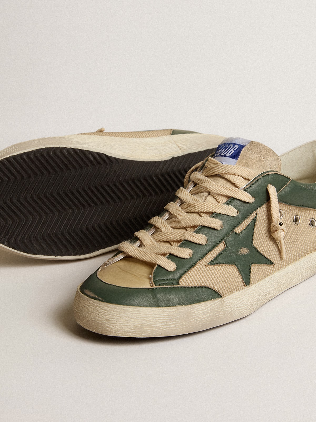 Golden Goose - Men's Super-Star LTD in cream mesh and green nappa with nappa star in 