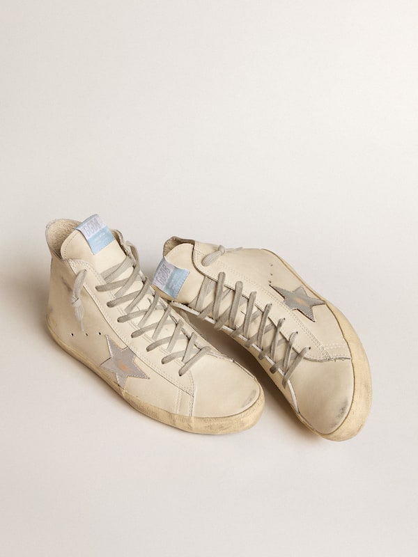 Golden Goose - Men's Francy Penstar in white leather with silver metallic leather star in 