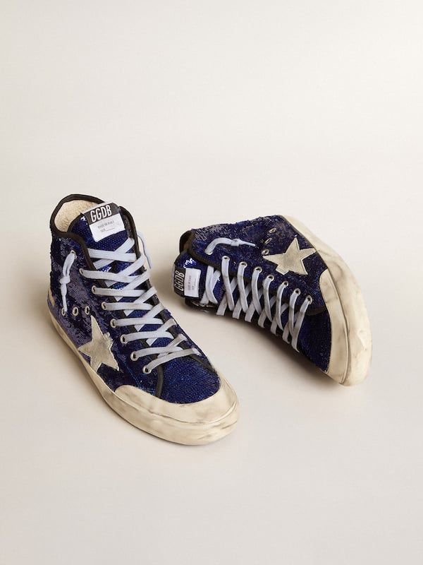 Golden Goose - Men's Francy Penstar in blue sequins with ice-gray suede star in 