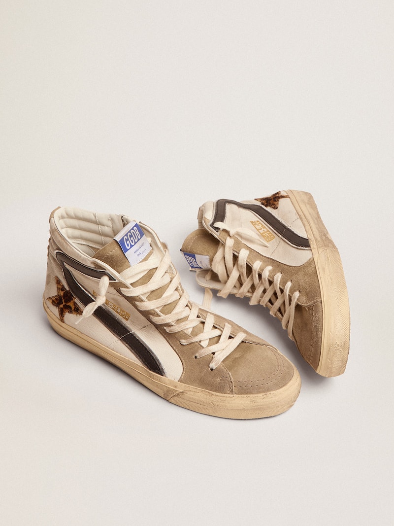 Golden Goose - Slide homme avec &eacute;toile en cuir fa&ccedil;on poulain l&eacute;opard et virgule noire in 