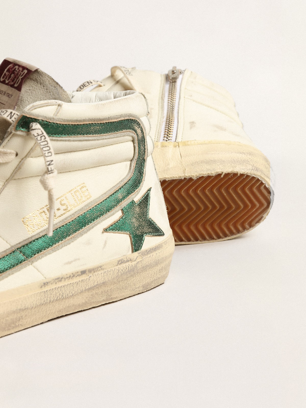 Golden Goose - Slide in nappa beige con stella e virgola in pelle laminata verde in 