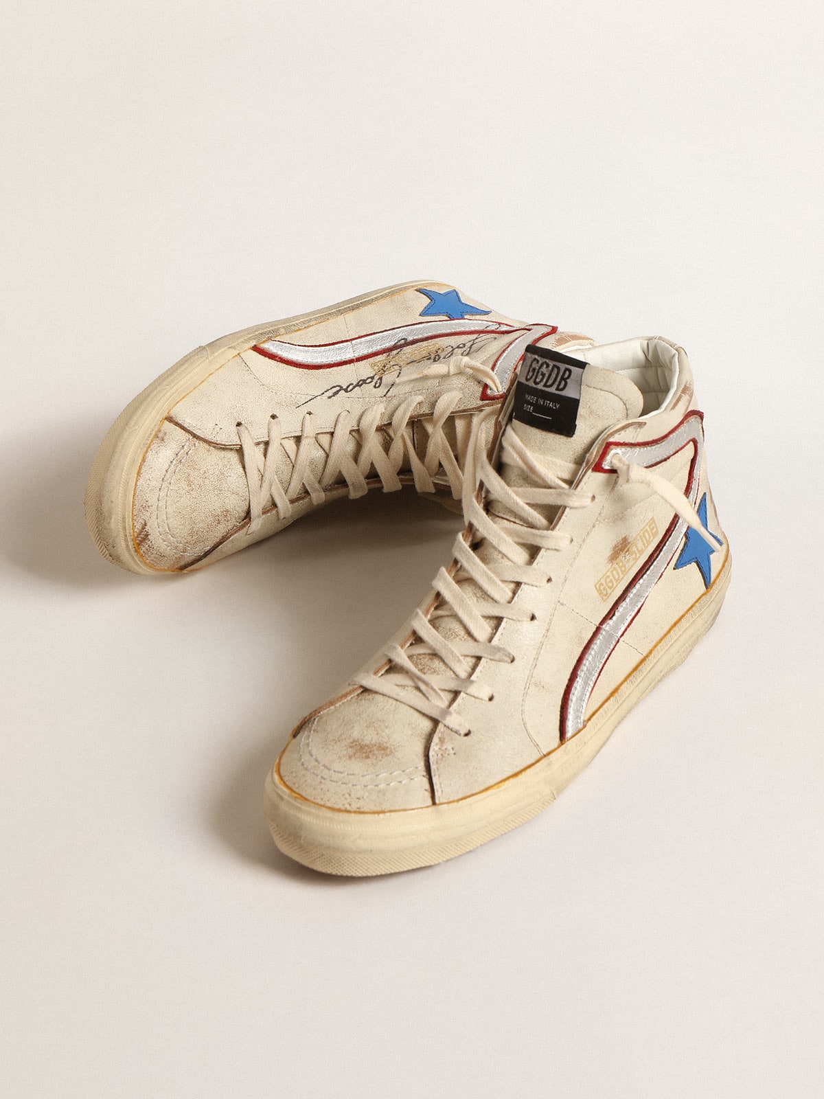 Golden Goose - Slide LTD in ecru with bright blue star and silver leather flash in 