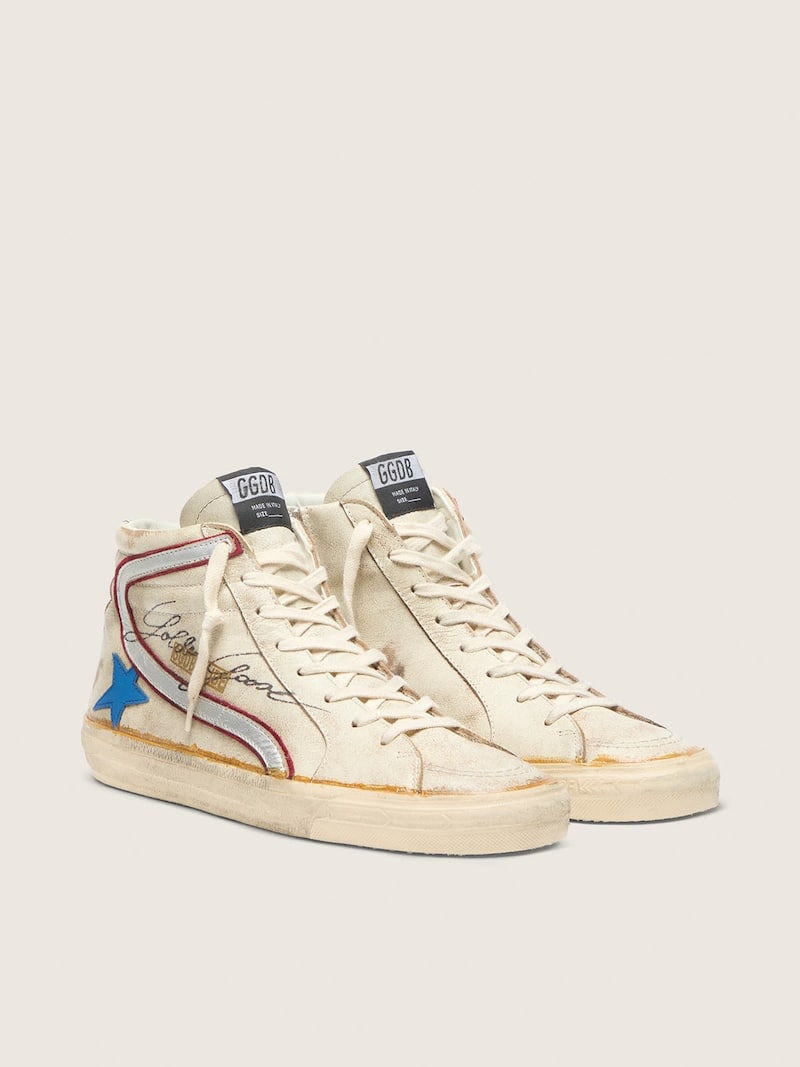 Golden Goose - Slide pour homme avec &eacute;toile en cuir bleu ciel et virgule en cuir lam&eacute; argent&eacute; in 