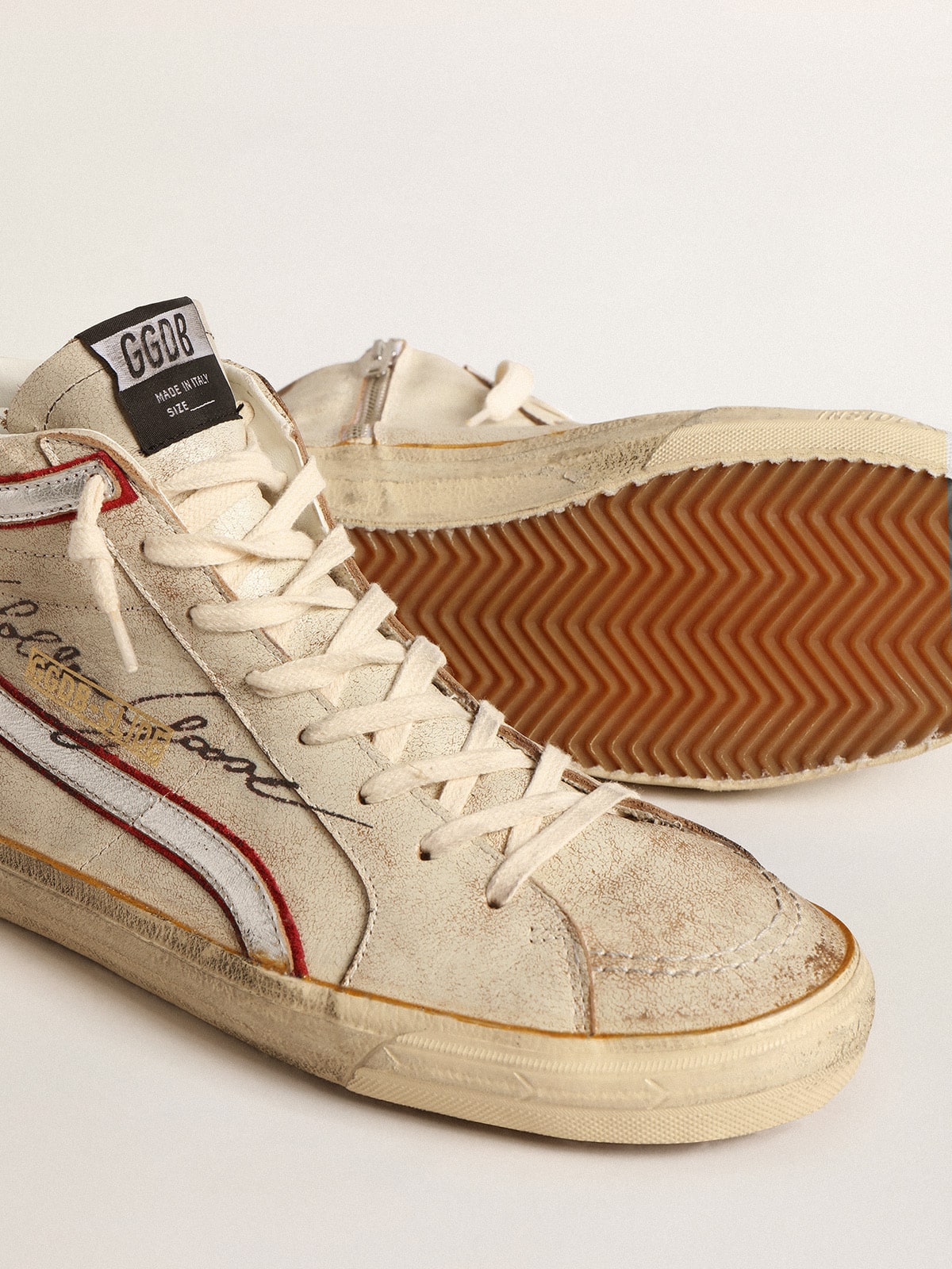 Golden Goose - Ecrufarbener Slide LTD mit blauem Stern und silberfarbenem Lederkomma in 