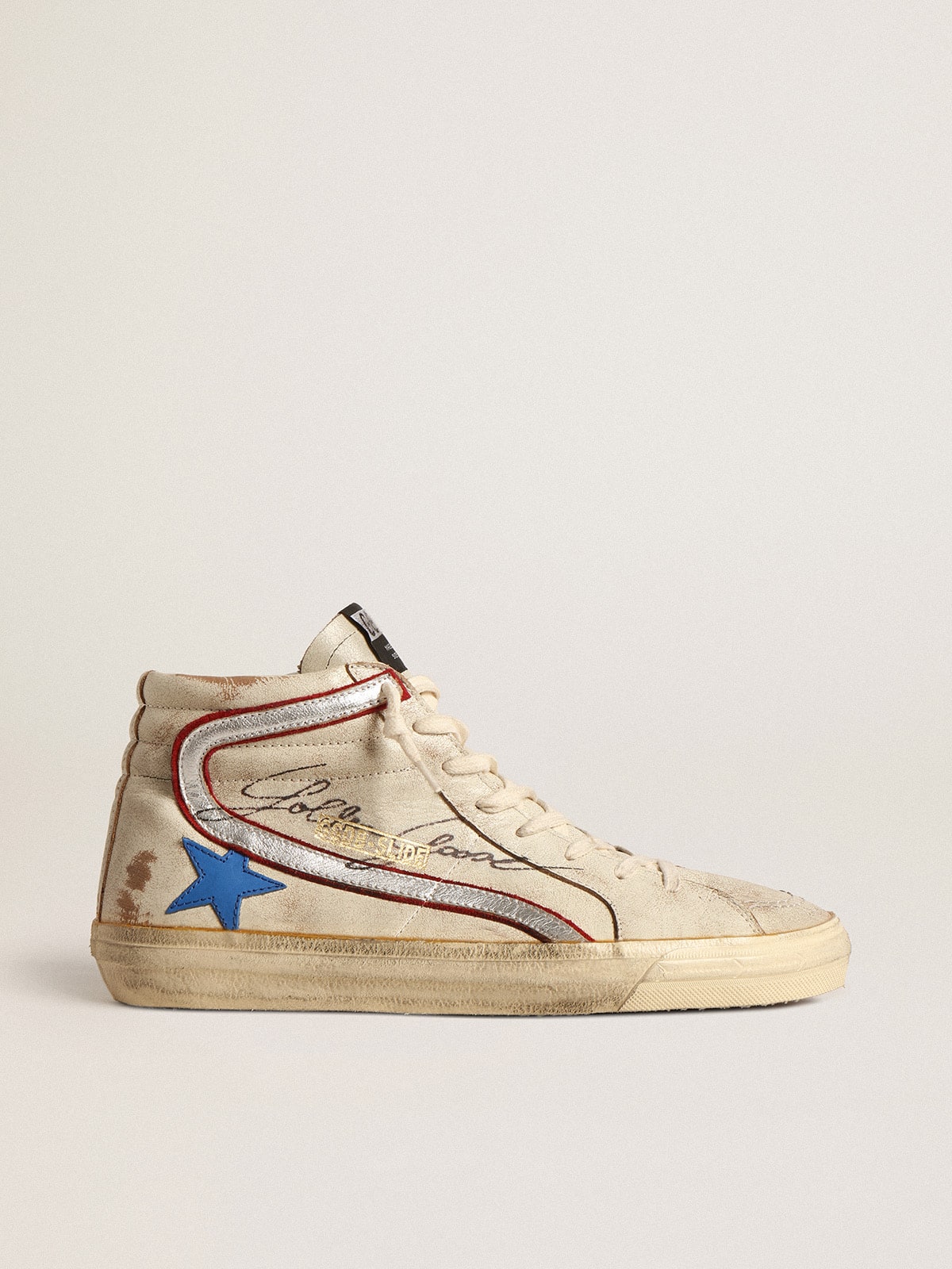 Golden Goose - Ecrufarbener Slide LTD mit blauem Stern und silberfarbenem Lederkomma in 