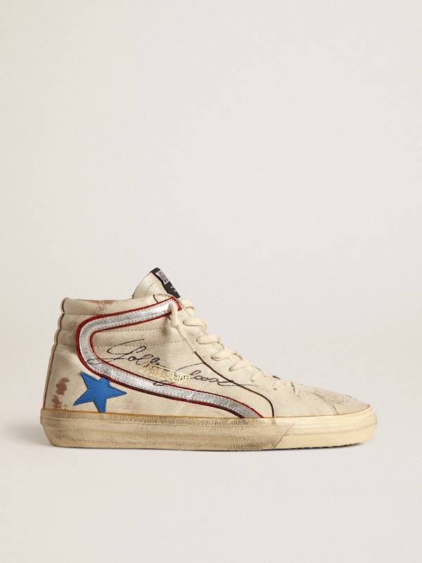 Golden Goose - Slide LTD in ecru with bright blue star and silver leather flash in 