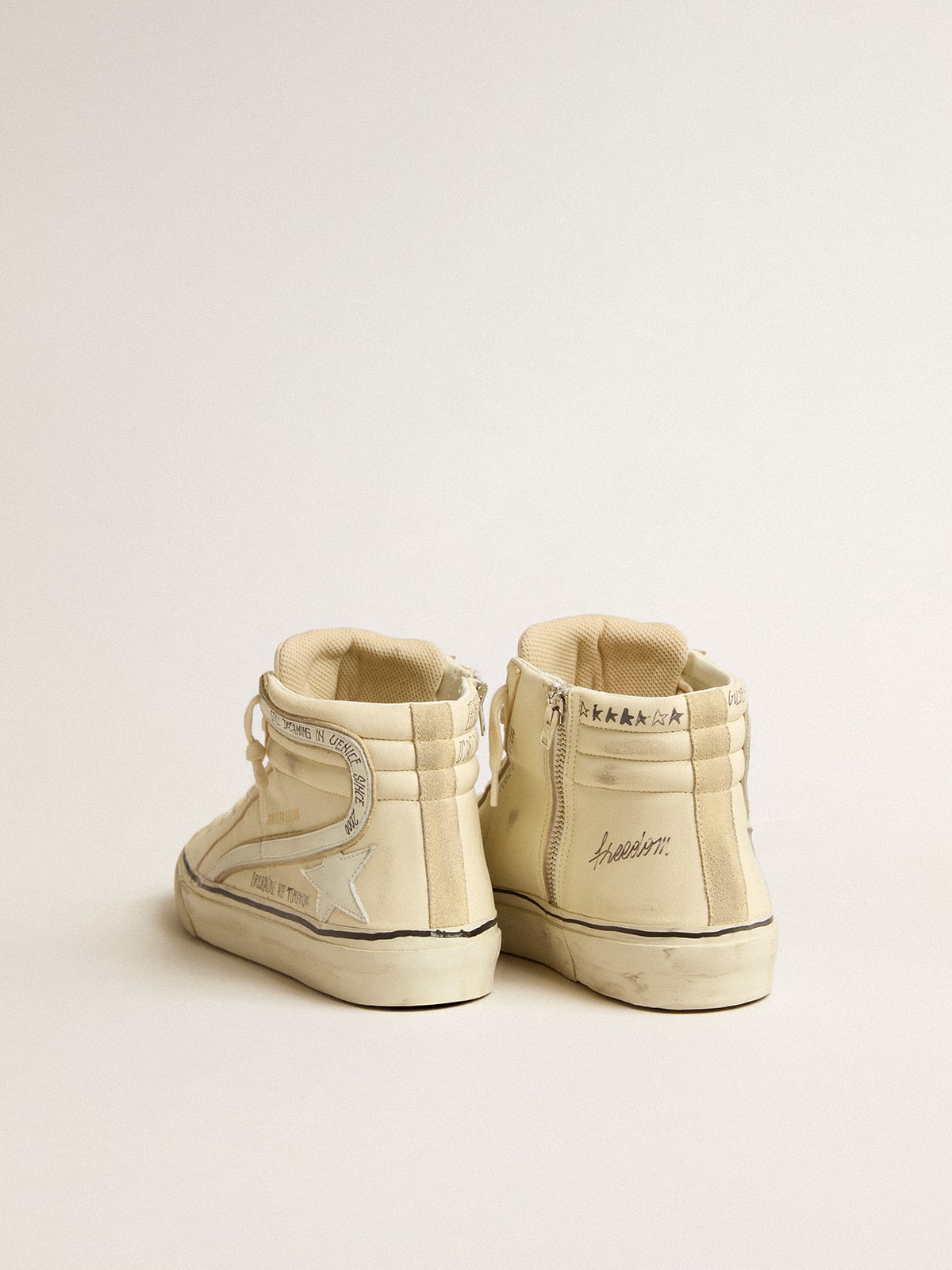 Golden Goose - Slide LTD Masculino de napa branco leite com estrela e lista de couro branco in 