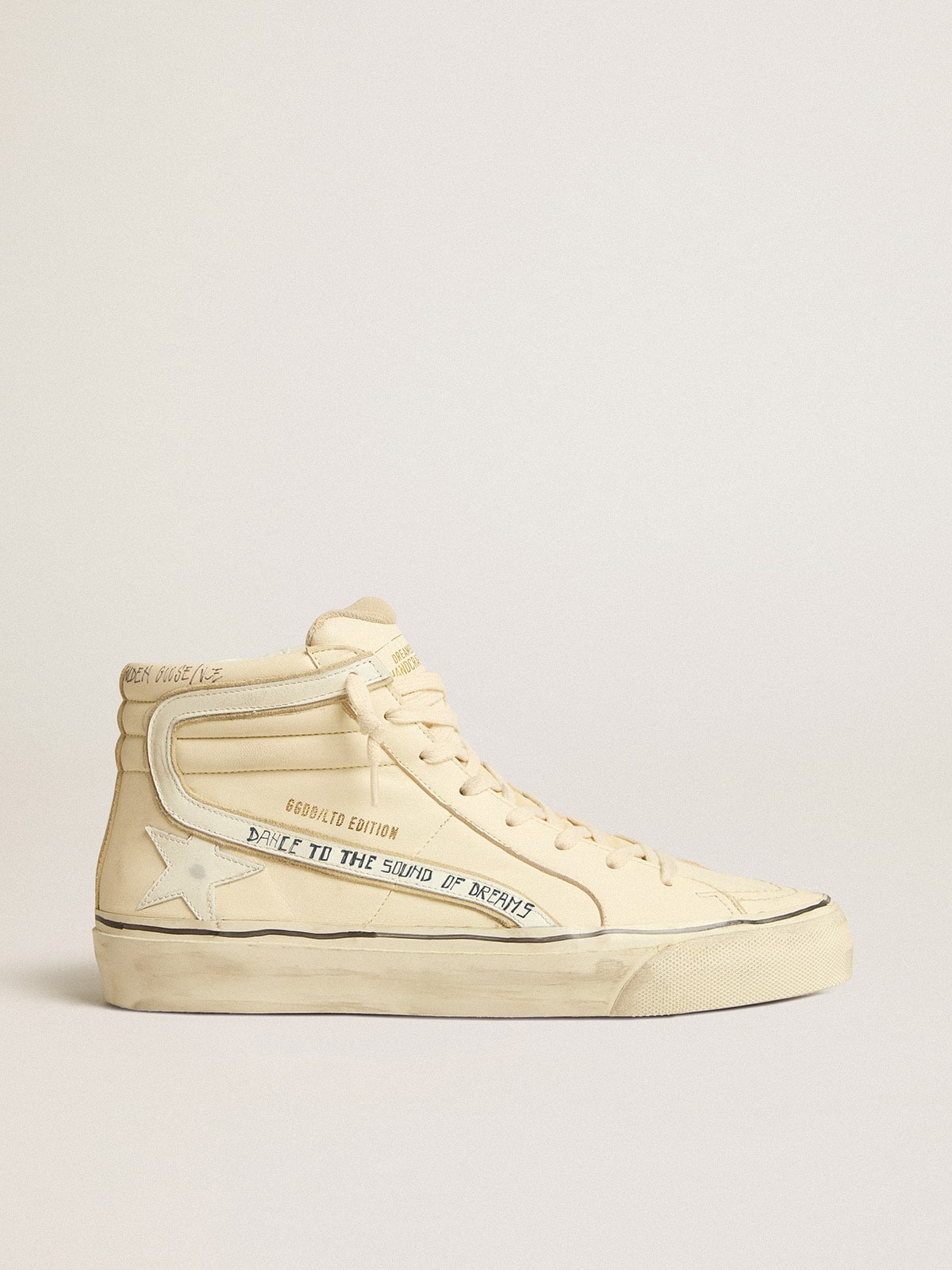 Golden Goose - Slide LTD Masculino de napa branco leite com estrela e lista de couro branco in 