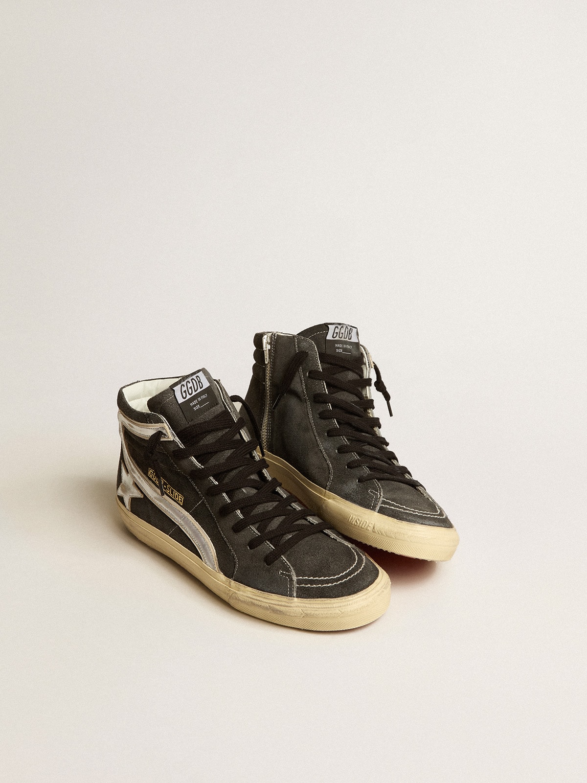 Golden Goose - Slide in suede nero con stella e virgola in pelle laminata argento in 