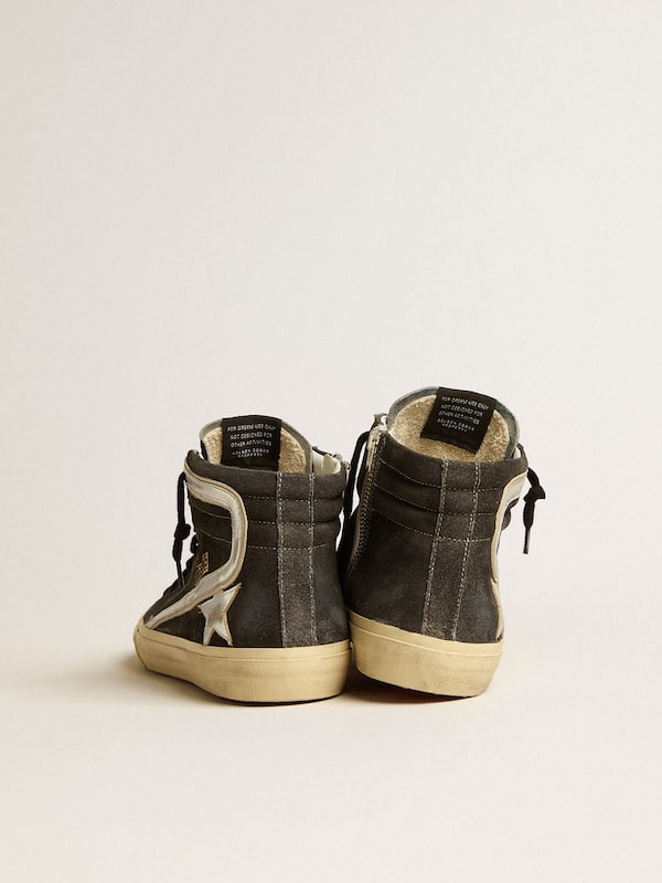 Golden Goose - Slide in black suede with silver metallic leather star and flash in 
