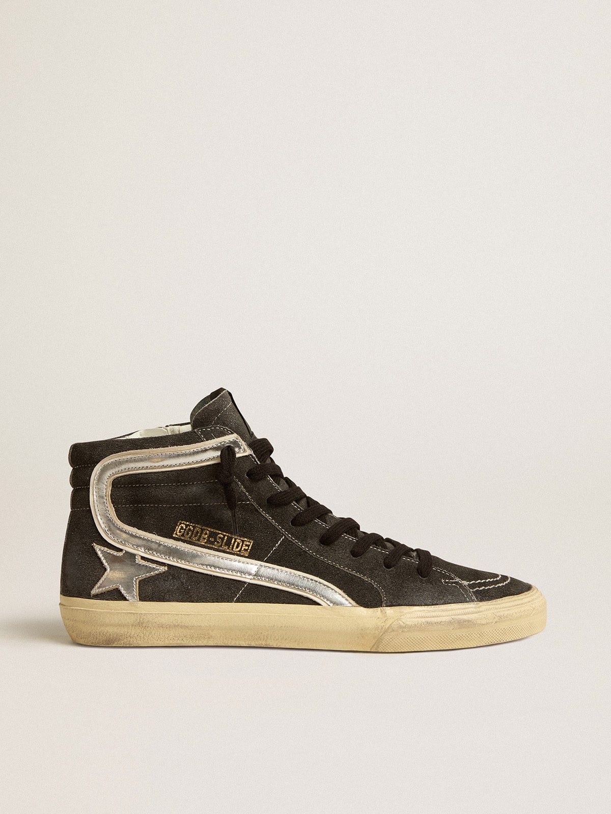 Golden Goose - Slide in suede nero con stella e virgola in pelle laminata argento in 