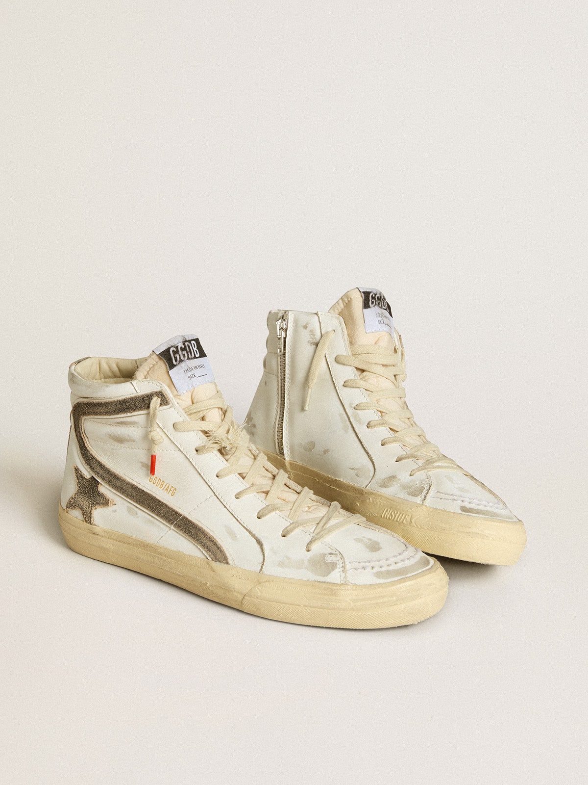 Golden Goose - Slide masculino LAB de couro branco com estrela e lista de suede marrom in 