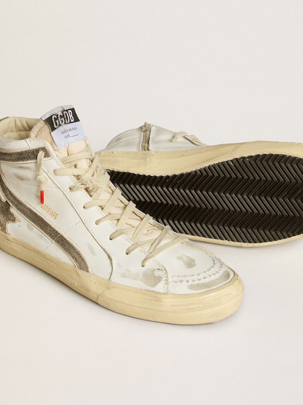 Golden Goose - Men’s Slide LAB in white leather with star and flash in brown suede in 