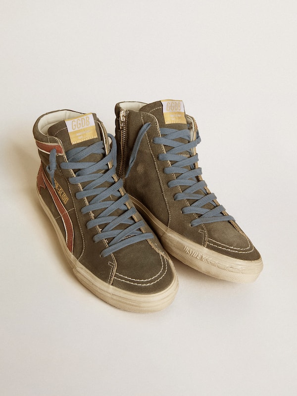 Golden Goose - Men's Slide in gray suede with brown nubuck star and flash in 