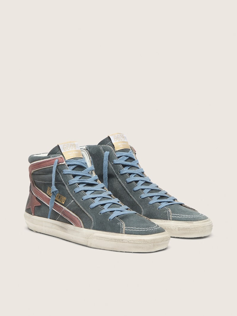 Golden Goose - Slide homme en daim gris avec &eacute;toile et virgule en cuir nubuck marron in 