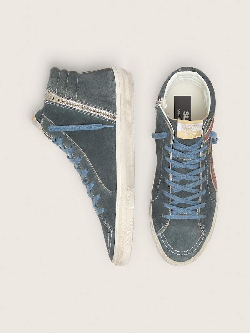 Golden Goose - Slide homme en daim gris avec &eacute;toile et virgule en cuir nubuck marron in 
