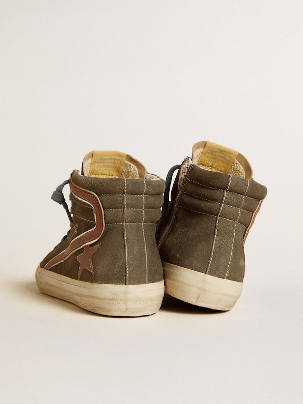 Golden Goose - Men's Slide in gray suede with brown nubuck star and flash in 