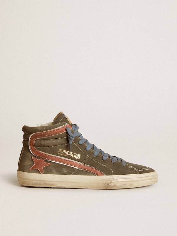 Golden Goose - Men's Slide in gray suede with brown nubuck star and flash in 