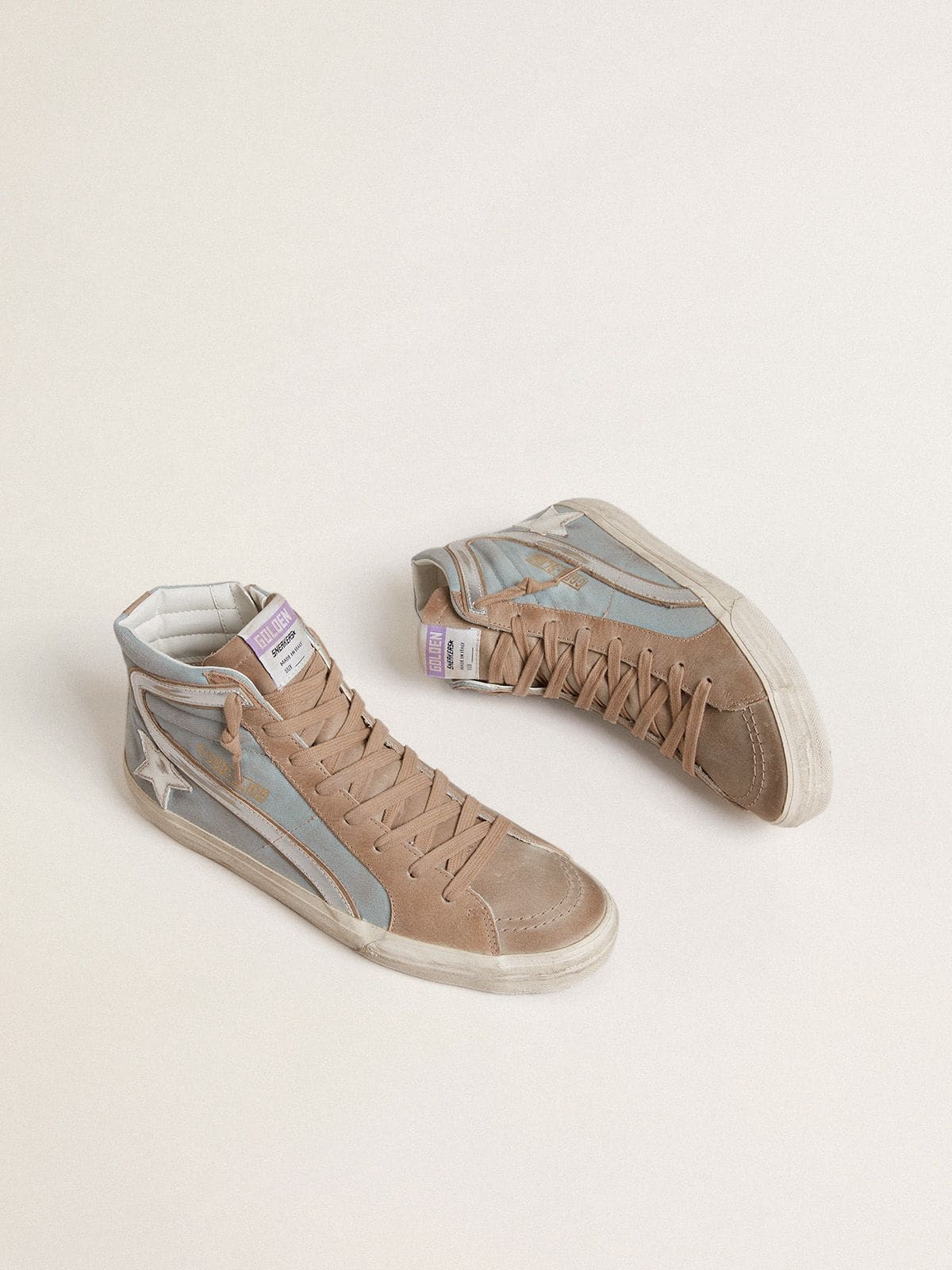 Golden Goose - Slide uomo in canvas azzurro con virgola in pelle laminata argento in 