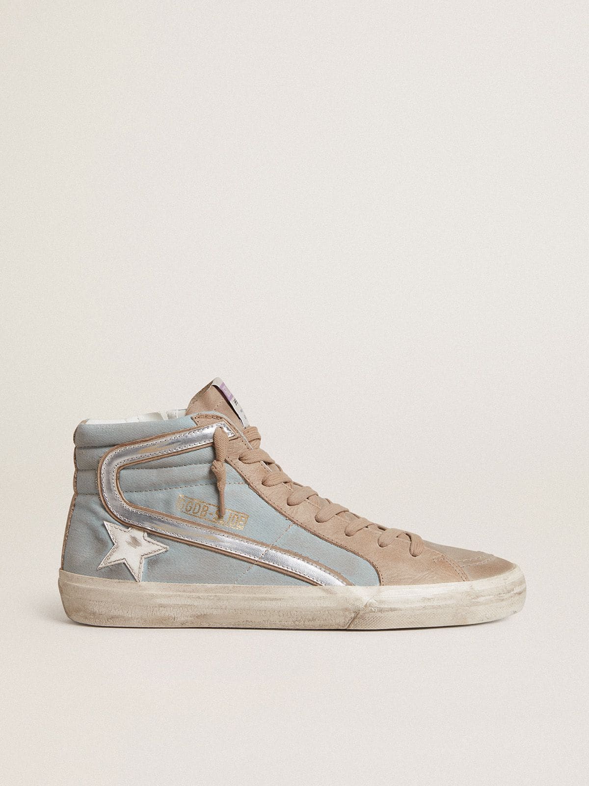 Golden Goose - Herren Slide aus azurblauem Canvas mit Komma aus silberfarbenem Metallic-Leder in 