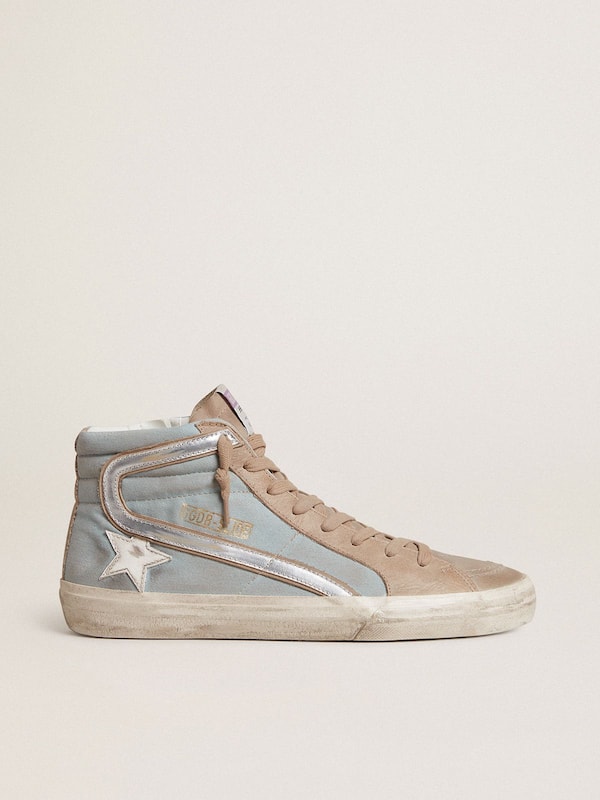 Golden Goose - Men's Slide in light blue canvas with silver metallic leather flash in 
