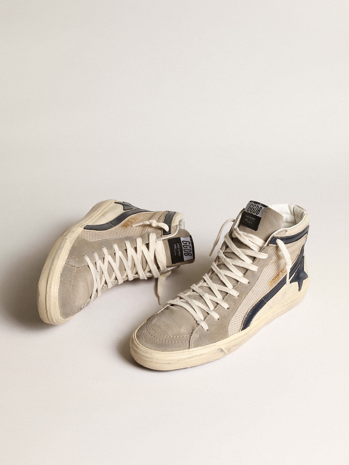 Golden Goose - Slide de malla y nailon beige con estrella de piel azul in 