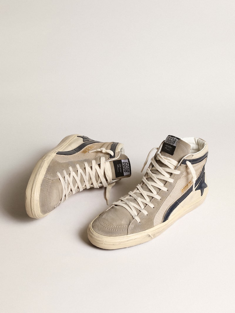Golden Goose - Slide en r&eacute;sille et nylon beige avec &eacute;toile et virgule en cuir bleu in 