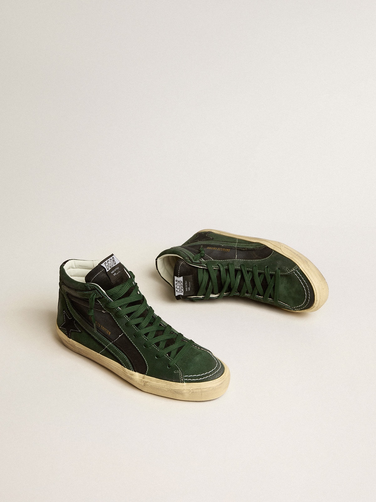 Golden Goose - Slide LTD in green suede and black canvas with suede star and flash in 