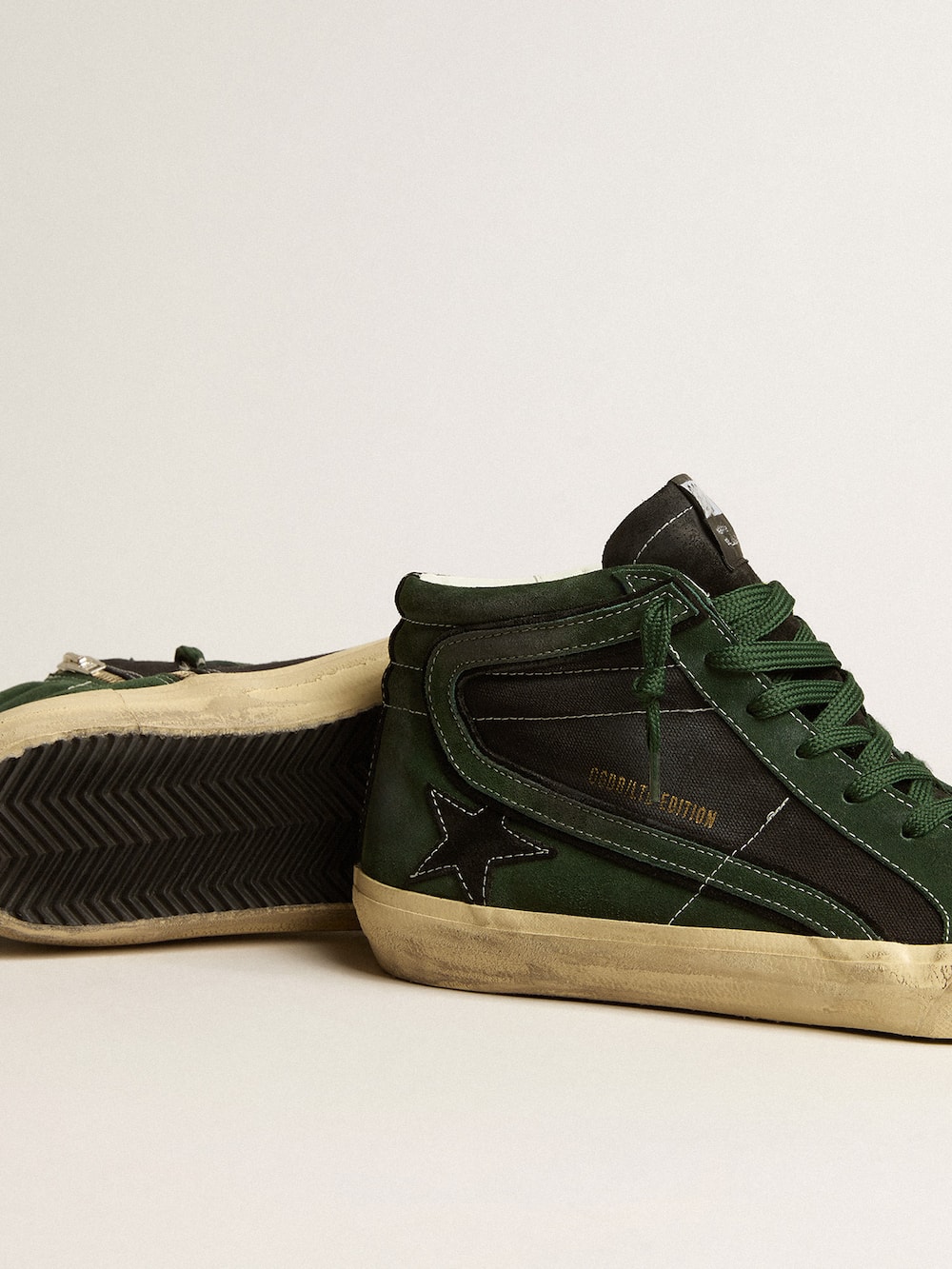 Golden Goose - Slide LTD in green suede and black canvas with suede star and flash in 