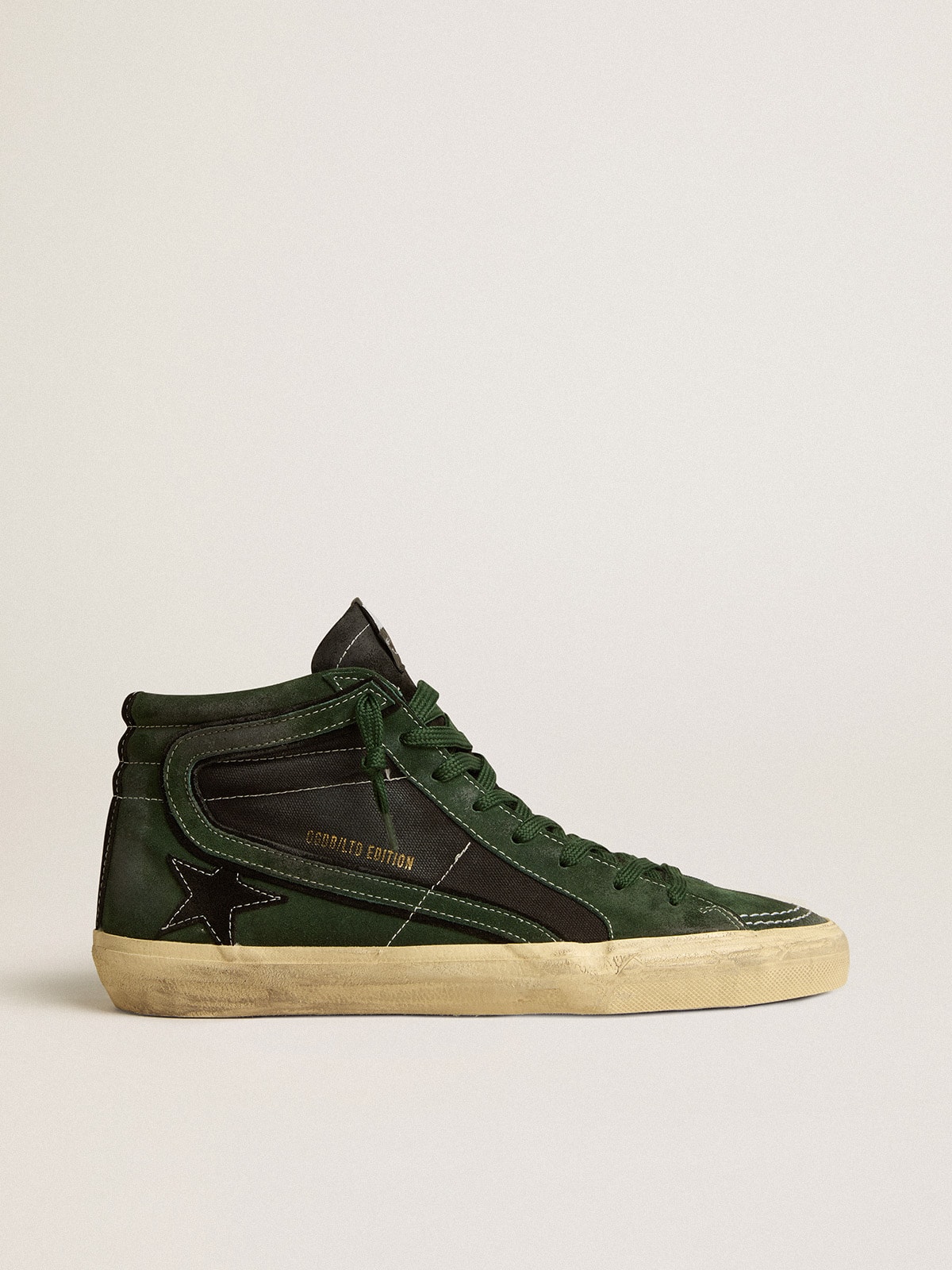 Golden Goose - Slide LTD in green suede and black canvas with suede star and flash in 