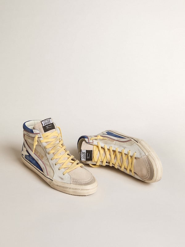 Golden Goose - Slide in pearl canvas and blue suede with white leather star and flash in 