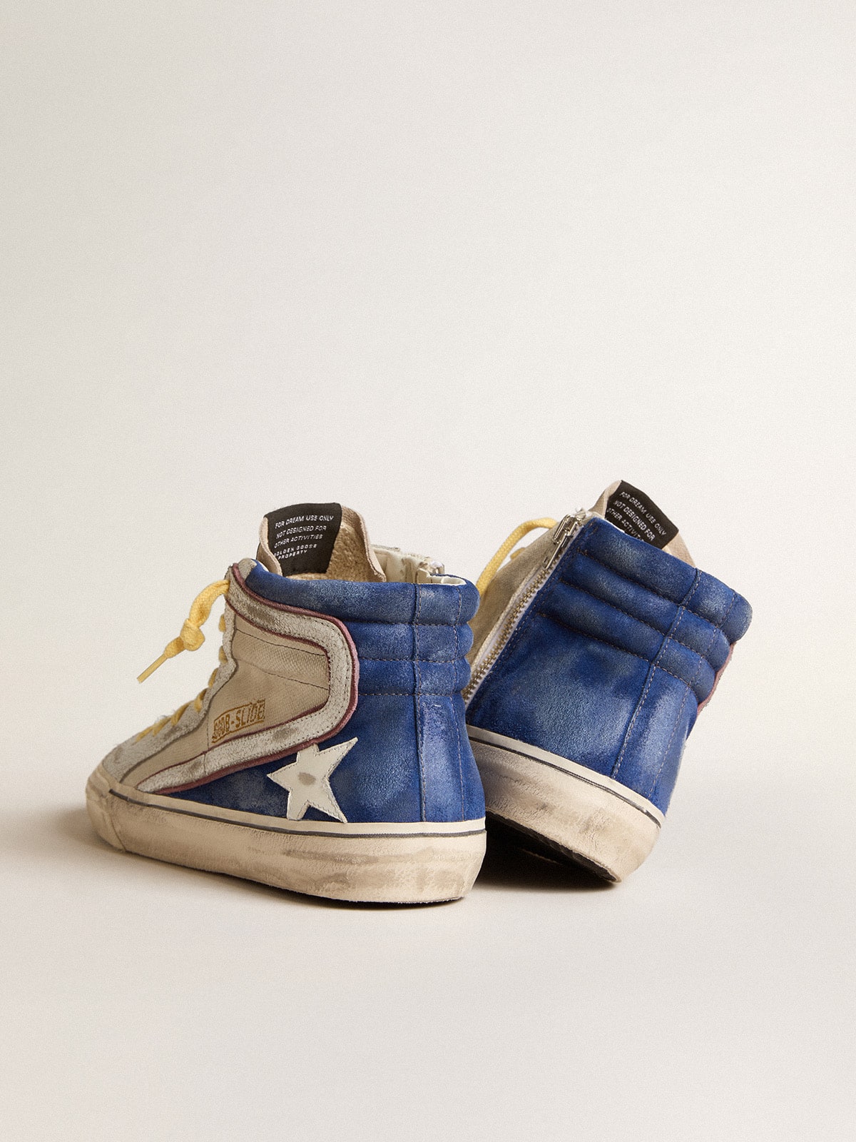 Golden Goose - Slide de lona cor pérola e suede azul com estrela e lista de couro branco in 