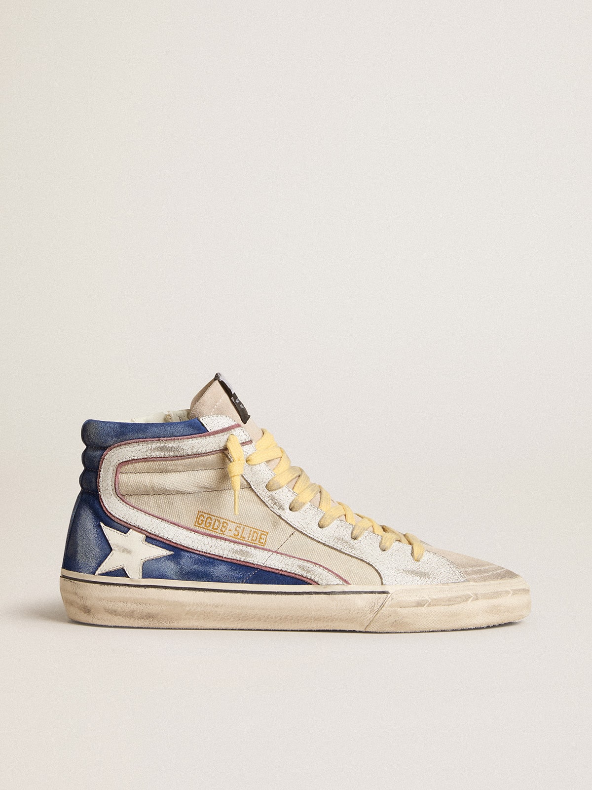 Golden Goose - Slide de lona cor pérola e suede azul com estrela e lista de couro branco in 