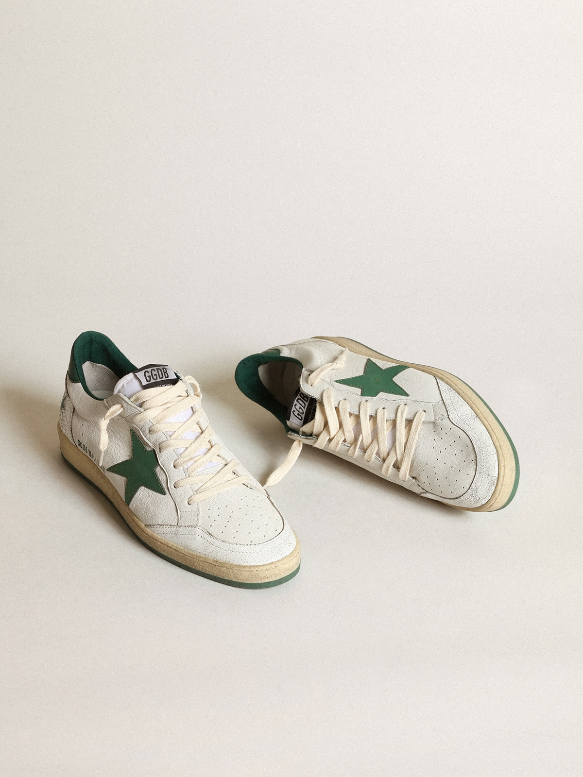 Men s Ball Star in white nappa leather with green leather star and heel tab Golden Goose