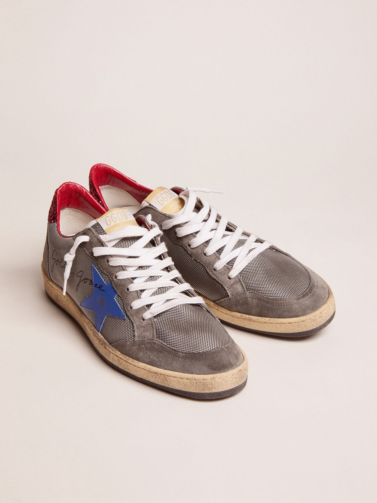 Golden Goose - Ball Star sneakers in pale silver mesh with red glitter heel tab in 