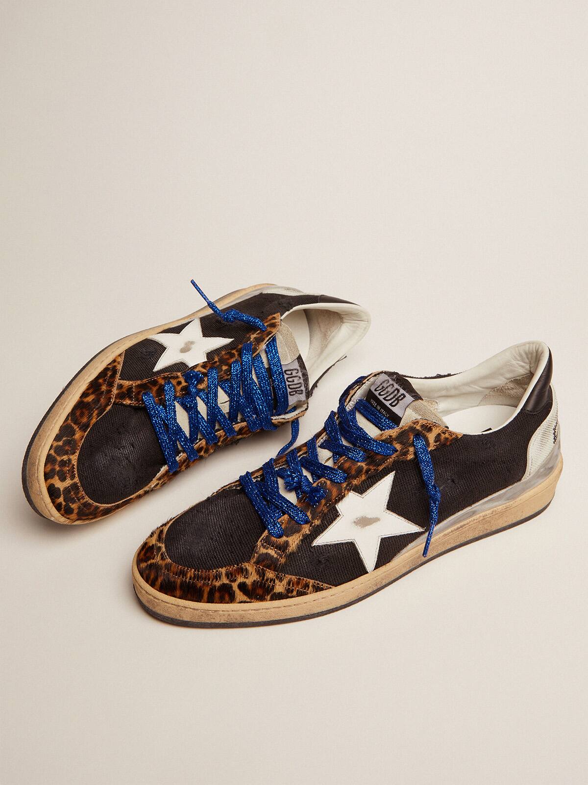 Golden Goose - Ball Star sneakers in black canvas, leopard-print pony skin inserts and multi-foxing in 