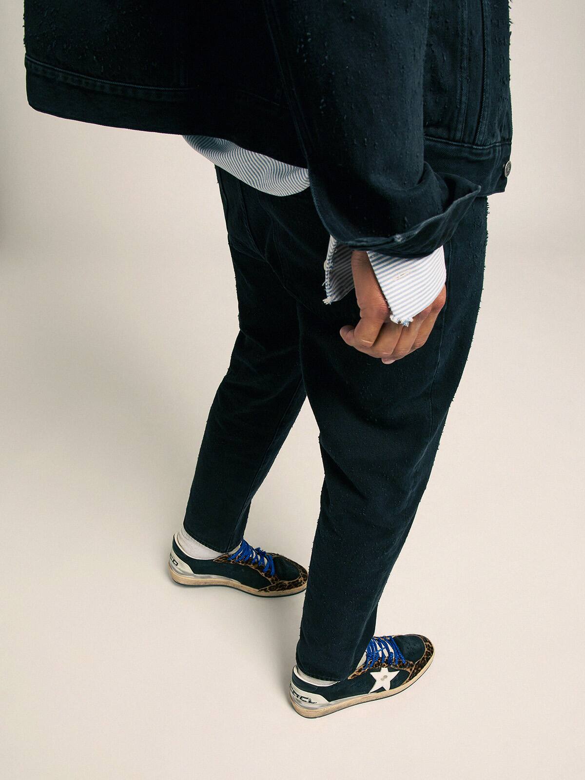 Golden Goose - Ball Star sneakers in black canvas, leopard-print pony skin inserts and multi-foxing in 