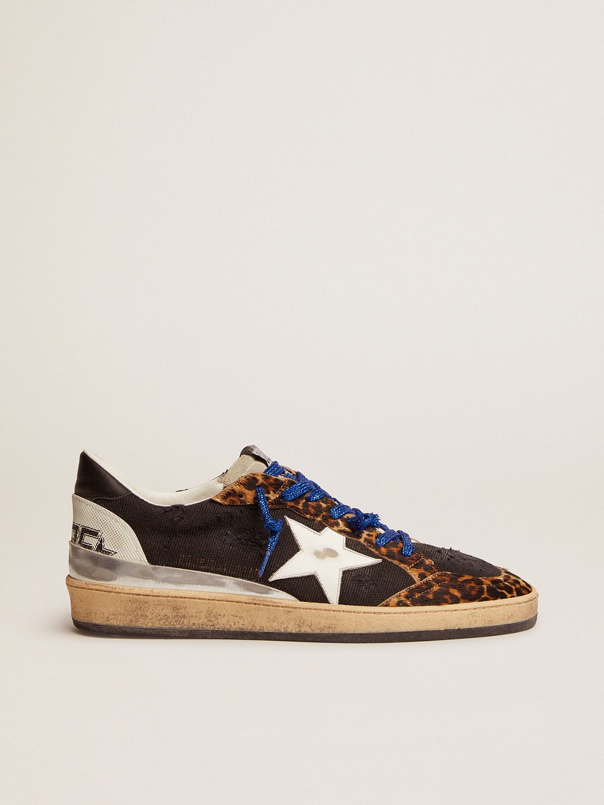 Golden Goose - Ball Star sneakers in black canvas, leopard-print pony skin inserts and multi-foxing in 