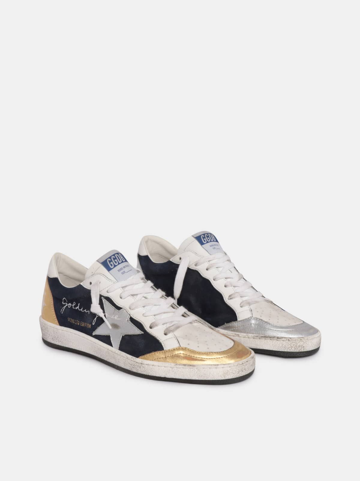 Golden Goose - Ball Star LTD sneakers in suede with gold and silver laminated leather details in 