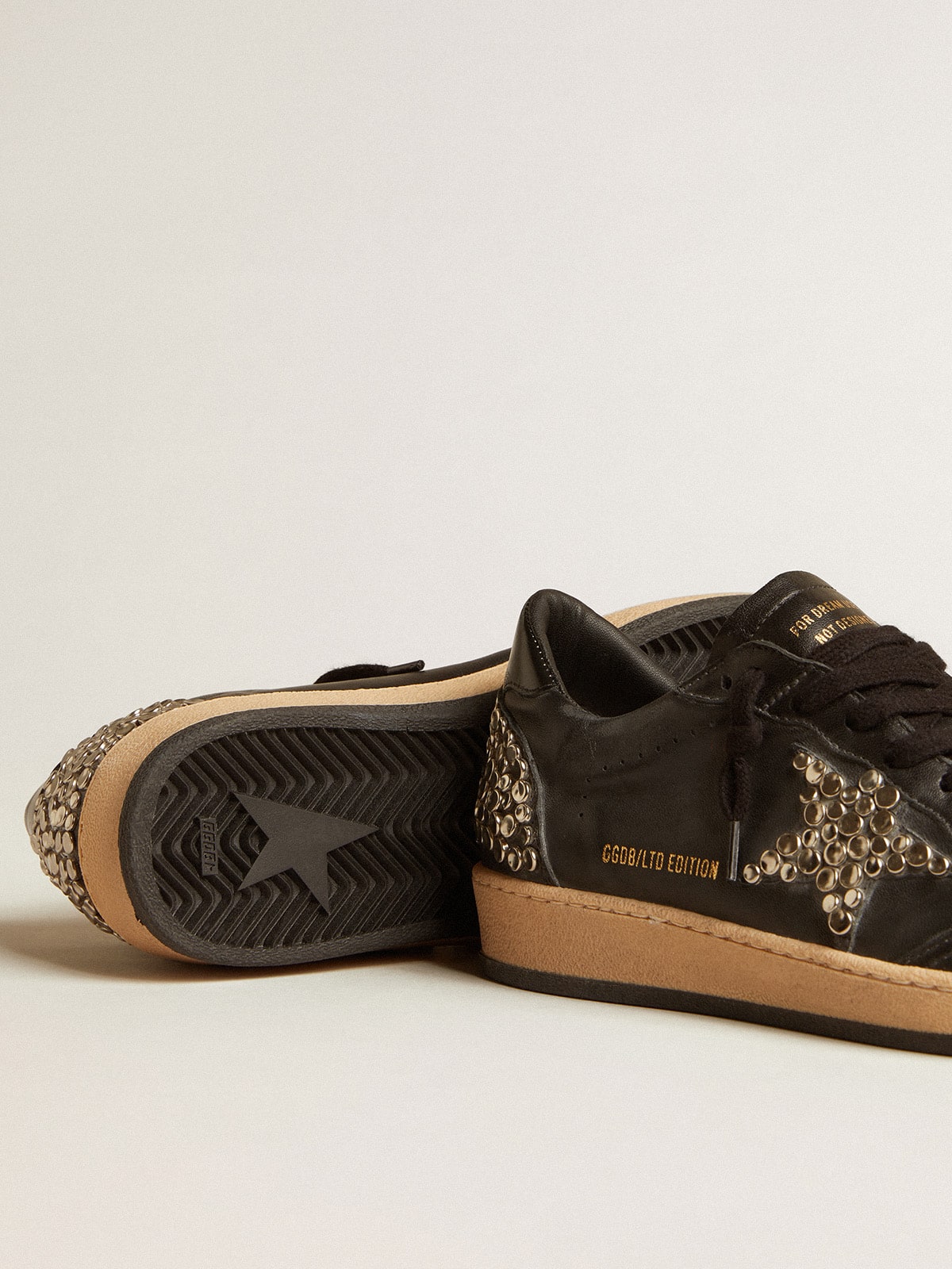 Men s Ball Star LAB in black nappa with studded black leather star Golden Goose