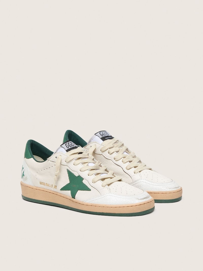Golden Goose - Men's Ball Star Wishes in white nappa leather with green leather star and heel tab in 