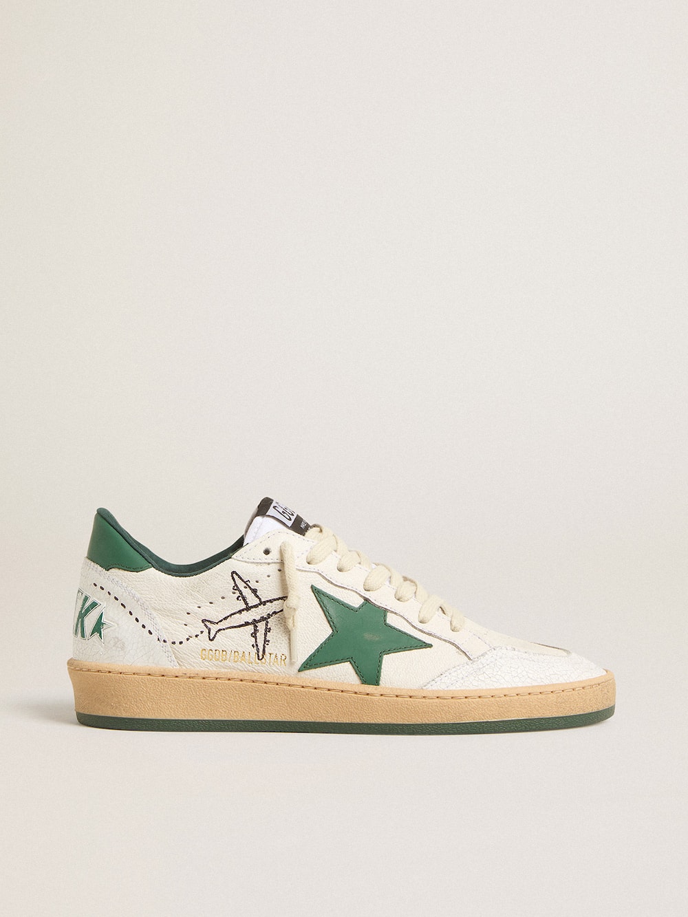 Golden Goose - Men's Ball Star Wishes in white nappa leather with green leather star and heel tab in 