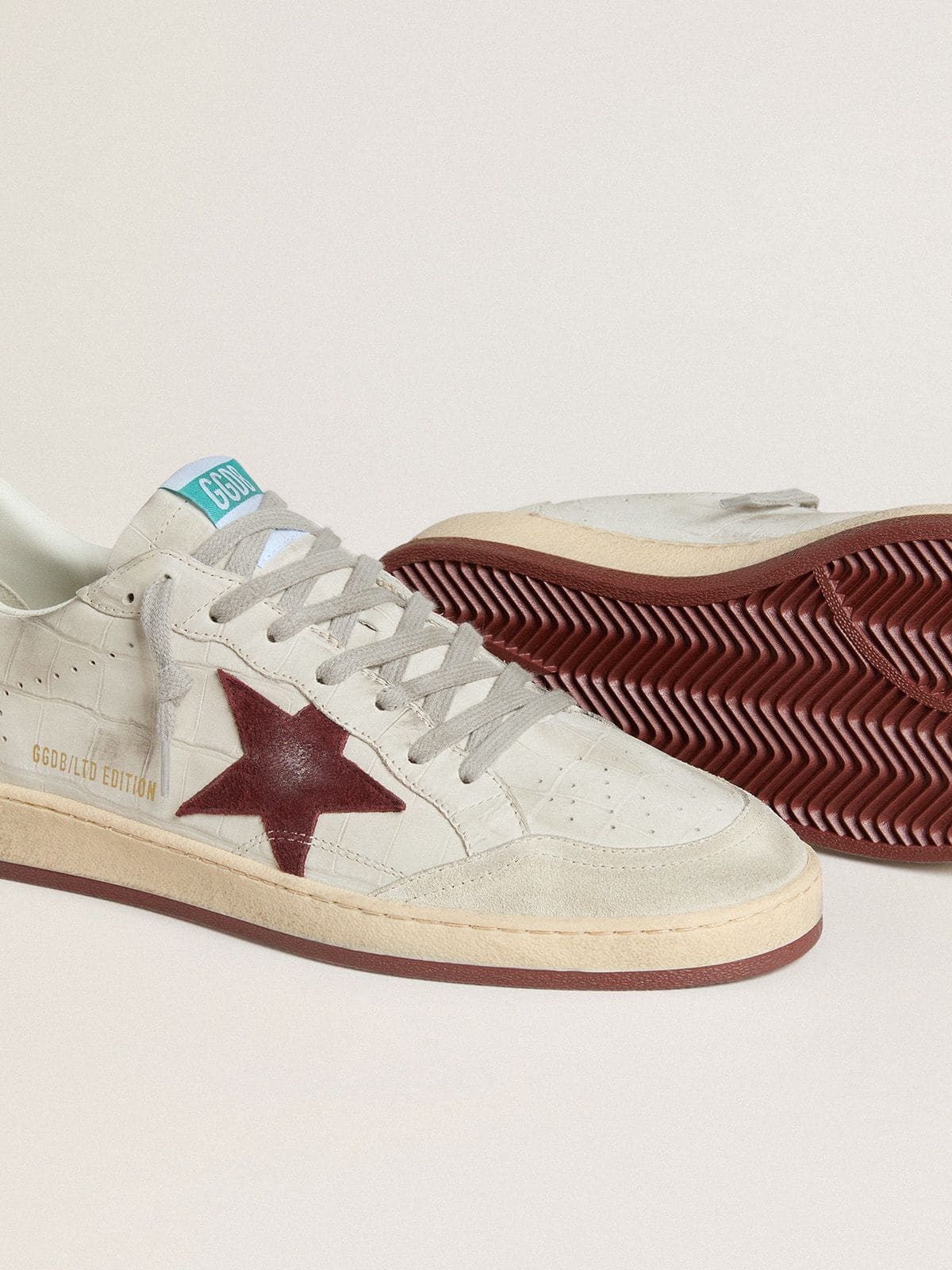 Golden Goose - Men's Ball Star in crocodile-print nubuck with burgundy suede star in 
