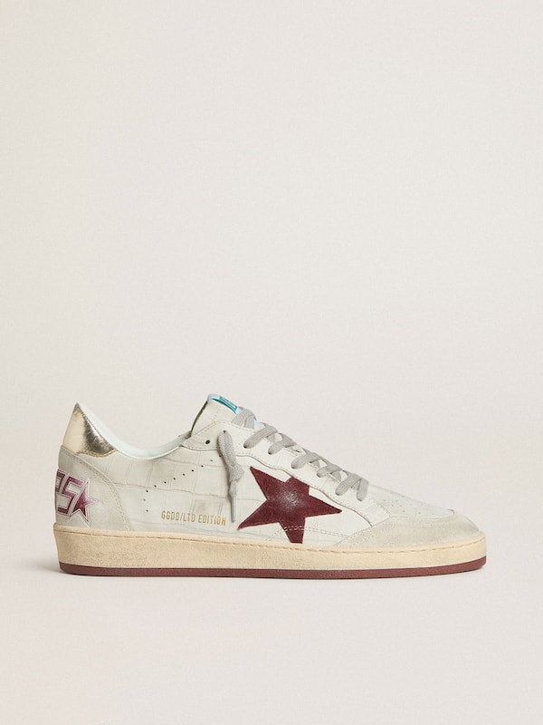 Golden Goose - Men's Ball Star in crocodile-print nubuck with burgundy suede star in 