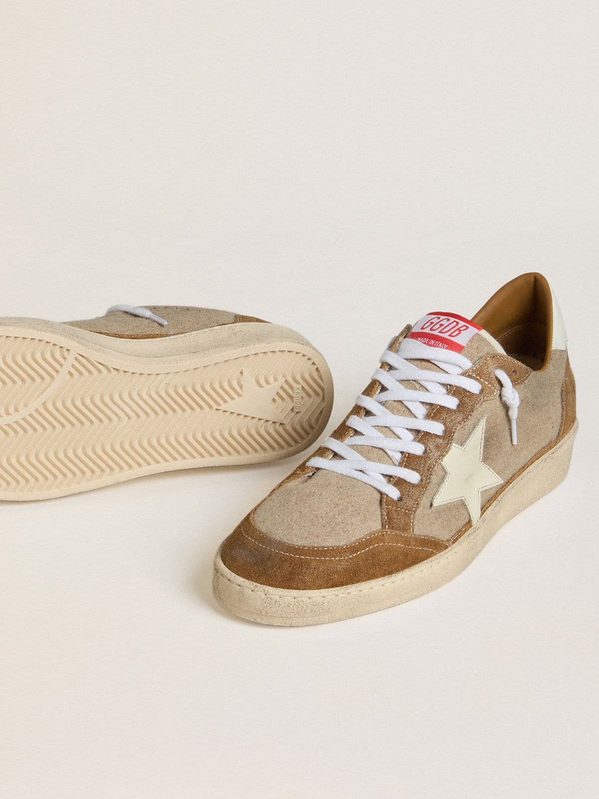 Golden Goose - Men's Ball Star in wool with cream leather star and brown waxed leather inserts in 