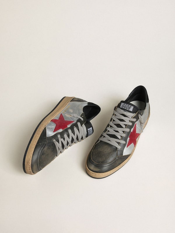 Golden Goose - Men's Ball Star LTD in silver laminated leather with red suede star and black inserts in 