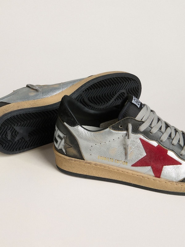 Golden Goose - Men's Ball Star LTD in silver laminated leather with red suede star and black inserts in 