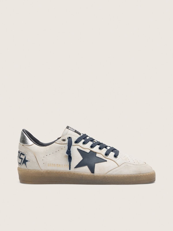 Golden Goose - Men&rsquo;s Ball Star in white leather with dark blue leather star and silver laminated leather heel tab in 